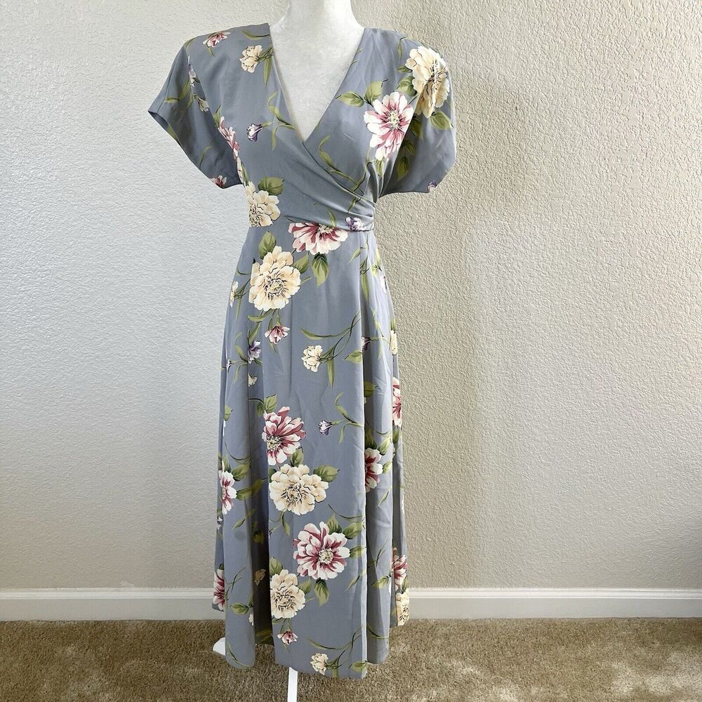 Vtg 80s 90s Dawn Joy Blue Floral Midi Dress Tie Waist Cottagecore Size 11/12